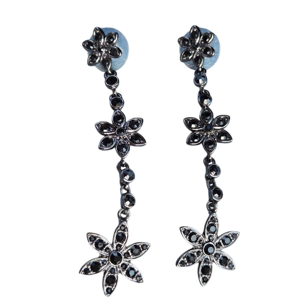 Nine West Gunmetal Black Rhinestone Floral Drop Dangle Earrings Flower Post Back